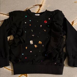 Lola + The Boys Black Ruffle Sweatshirt with Gem Details